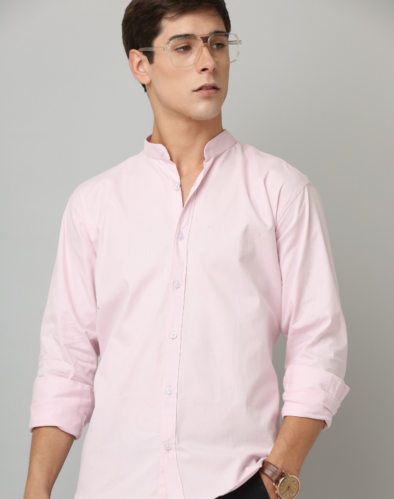 Frankshirt Chinese Collar Light Pink Tailored Fit Cotton Casual Shirt for Man