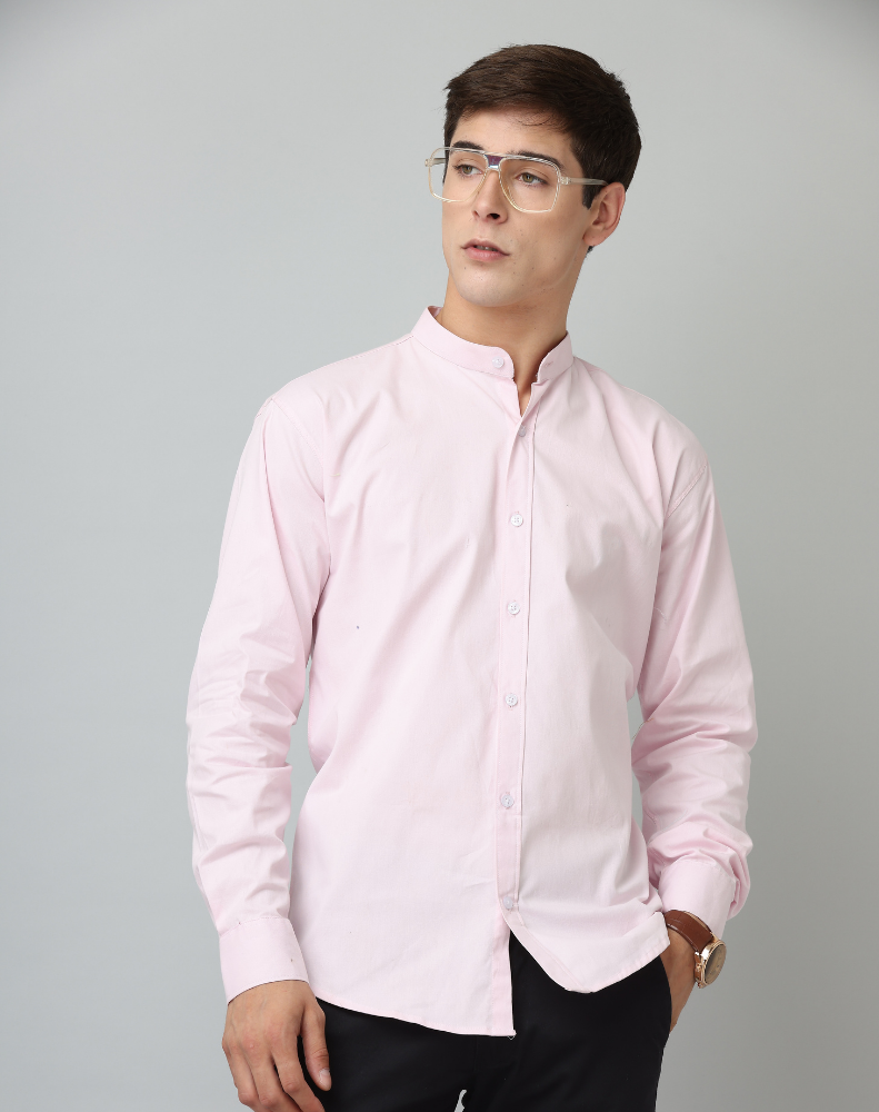 Frankshirt Chinese Collar Light Pink Tailored Fit Cotton Casual Shirt for Man