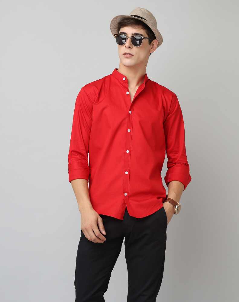 Frankshirt Chinese Collar Red Tailored Fit Cotton Casual Shirt for Man