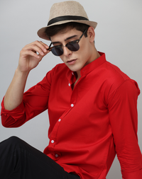 Frankshirt Chinese Collar Red Tailored Fit Cotton Casual Shirt for Man