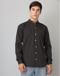 Frankshirt Chinese Collar Black Solid Tailored Fit Cotton Casual Shirt for Man