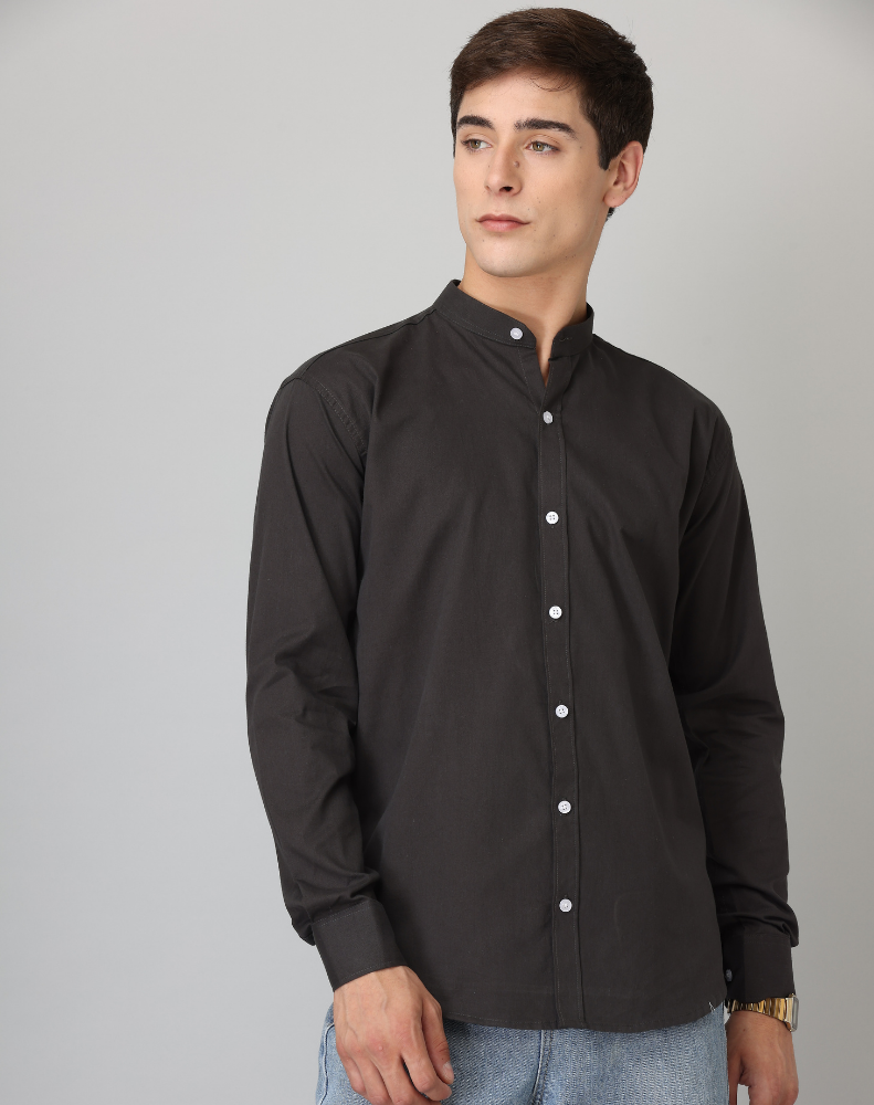 Frankshirt Chinese Collar Black Solid Tailored Fit Cotton Casual Shirt for Man