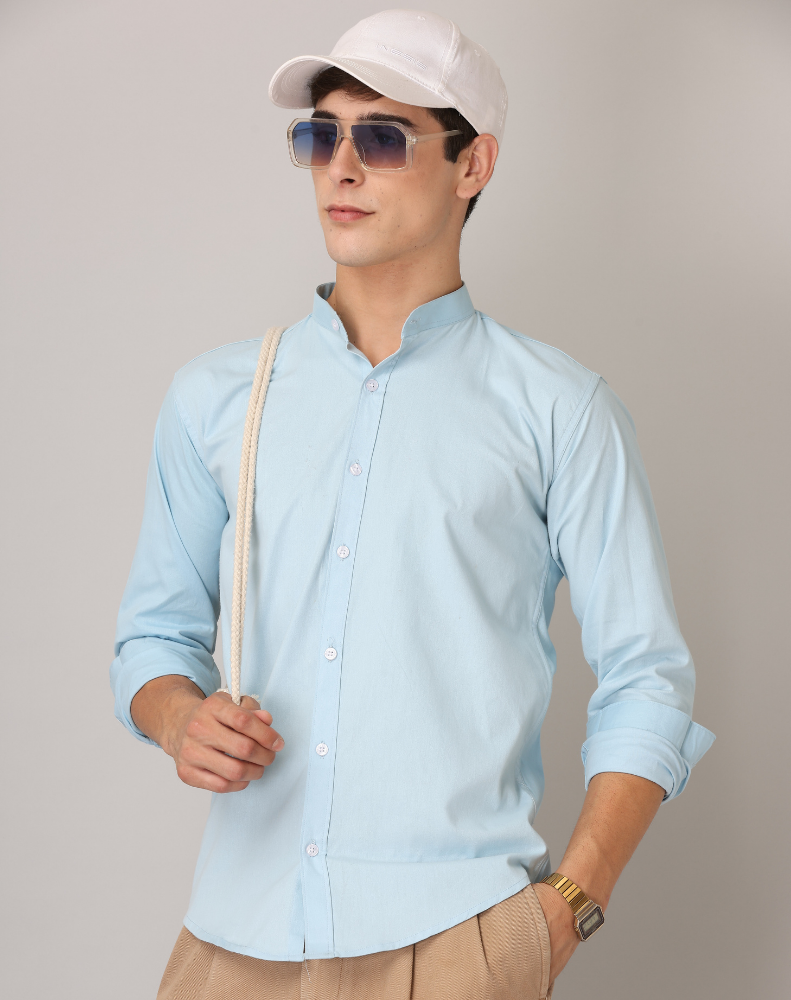 Frankshirt Chinese Collar Light Blue Tailored Fit Cotton Casual Shirt for Man