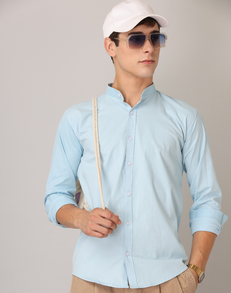 Frankshirt Chinese Collar Light Blue Tailored Fit Cotton Casual Shirt for Man