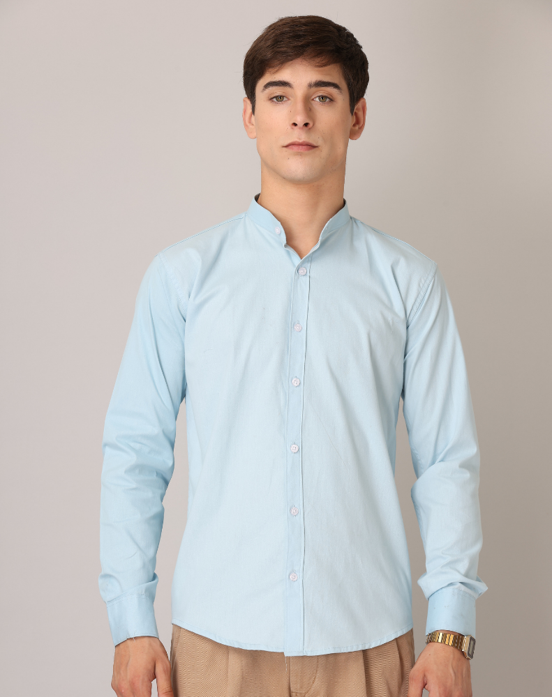 Frankshirt Chinese Collar Light Blue Tailored Fit Cotton Casual Shirt for Man