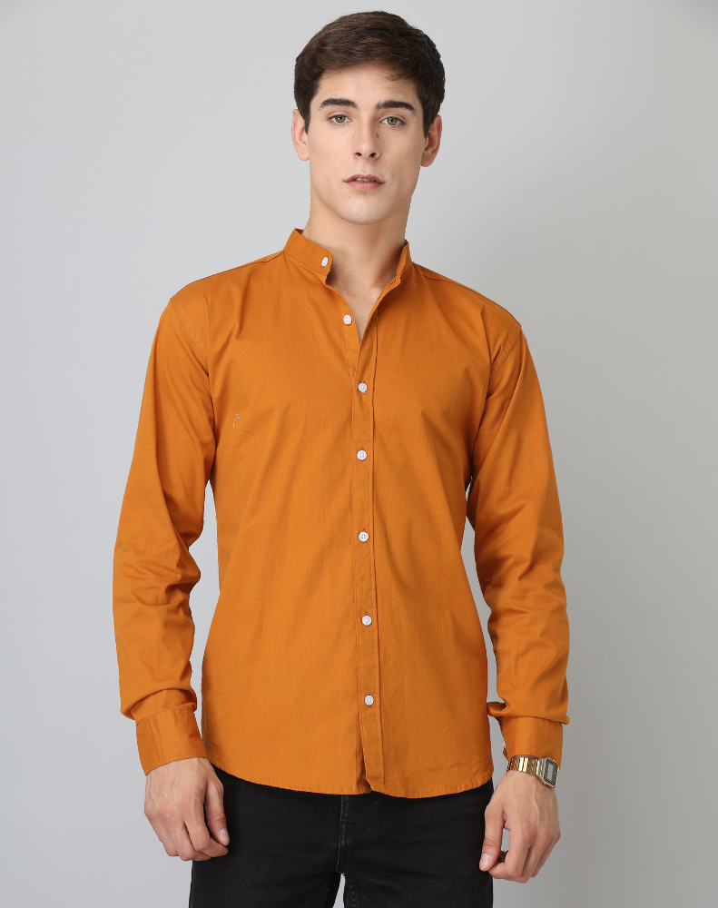 Frankshirt Chinese Collar Mustard Tailored Fit Cotton Casual Shirt for Man