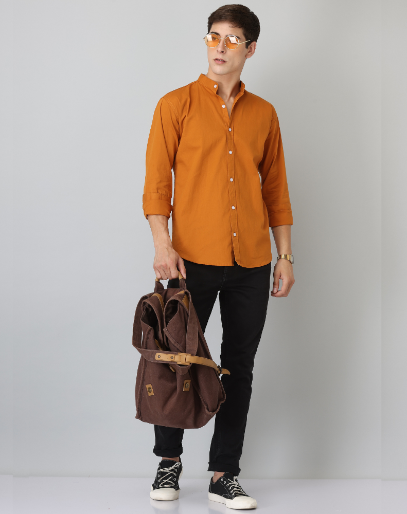 Frankshirt Chinese Collar Mustard Tailored Fit Cotton Casual Shirt for Man