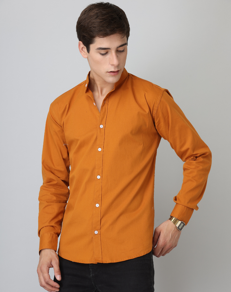 Frankshirt Chinese Collar Mustard Tailored Fit Cotton Casual Shirt for Man