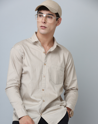 Frankshirt Beige Solid Tailored Fit Cotton Casual Shirt for Man