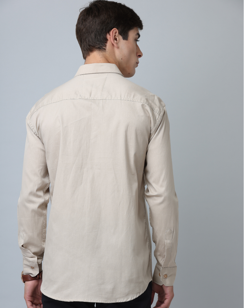 Frankshirt Beige Solid Tailored Fit Cotton Casual Shirt for Man