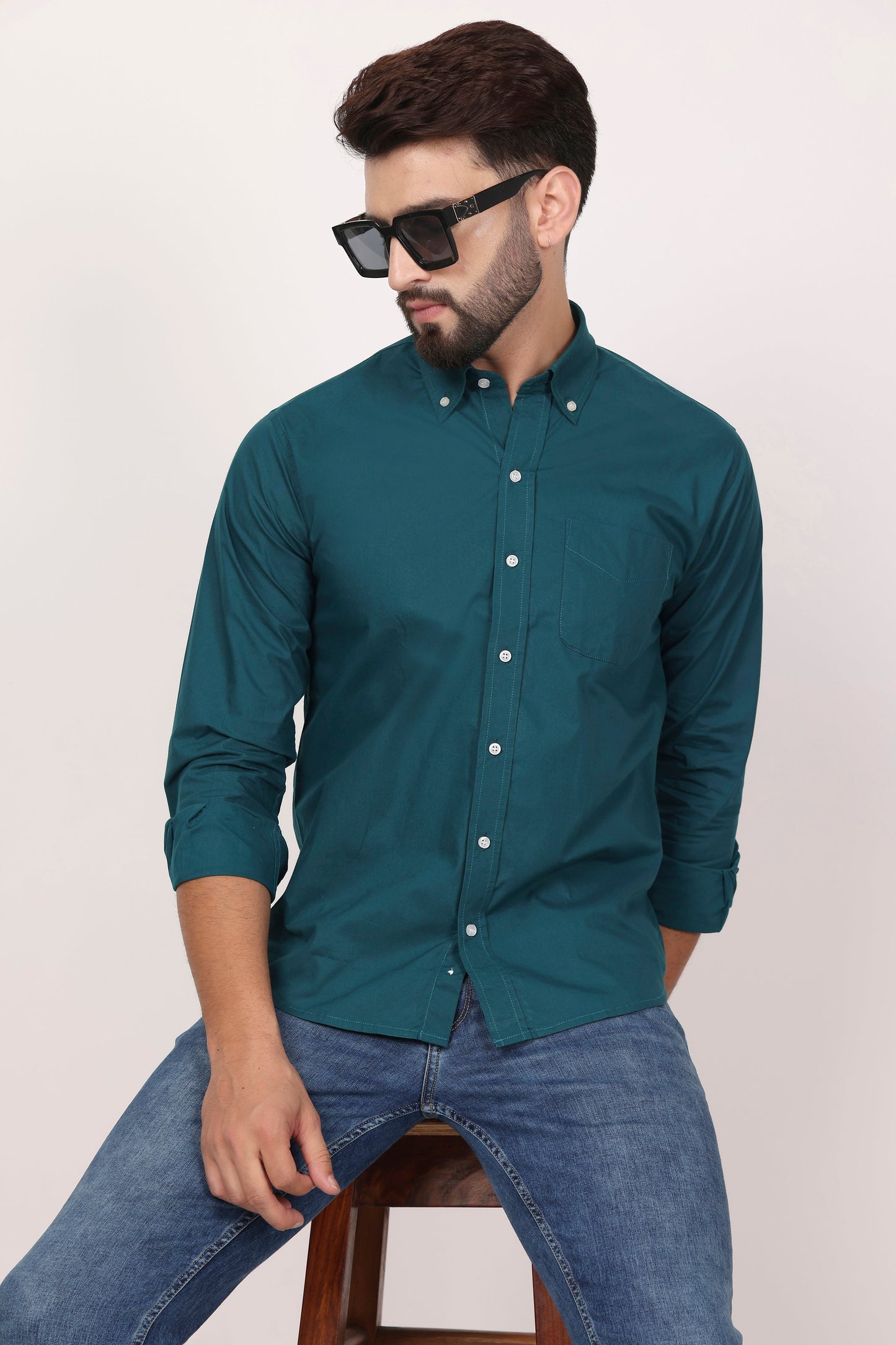 New Dark Green Down Button Casual Shirt I 100% Cotton Twill