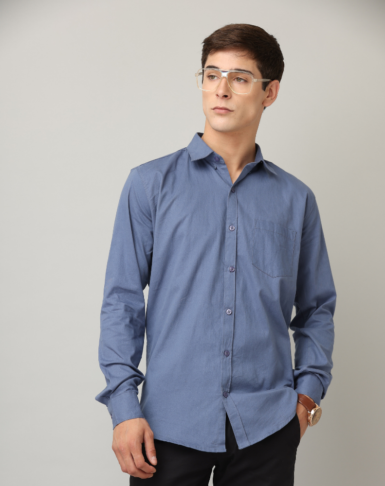 Frankshirt Blue Solid Tailored Fit Cotton Casual Shirt for Man