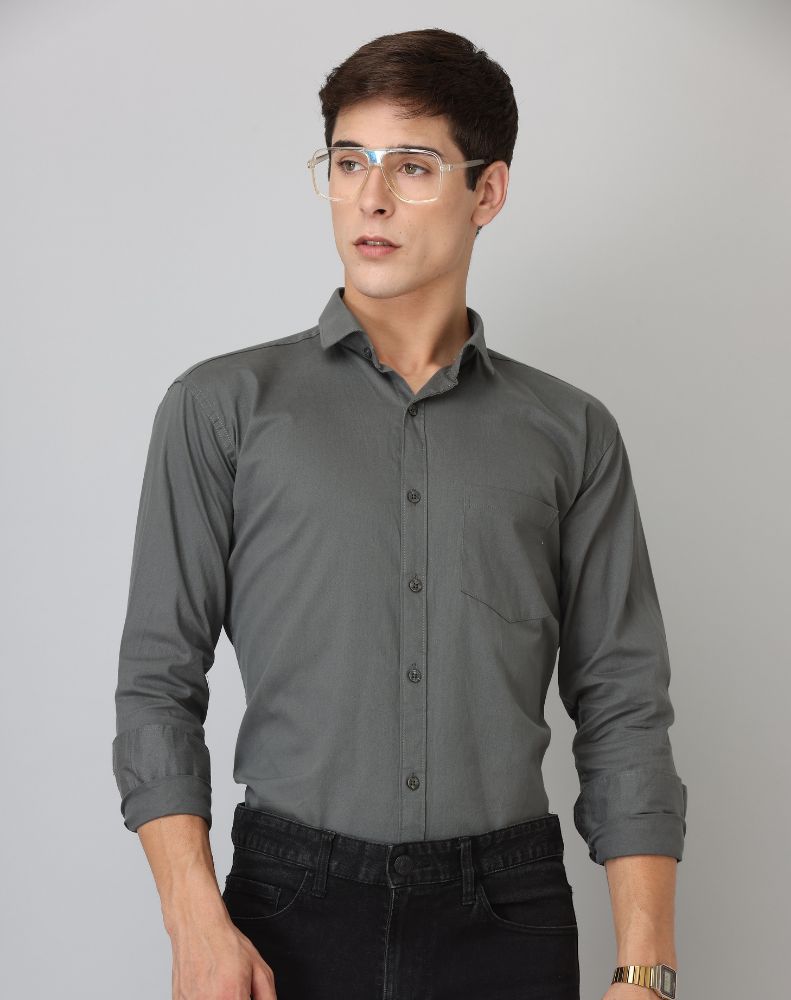 Frankshirt Dark Grey Solid Tailored Fit Cotton Casual Shirt for Man