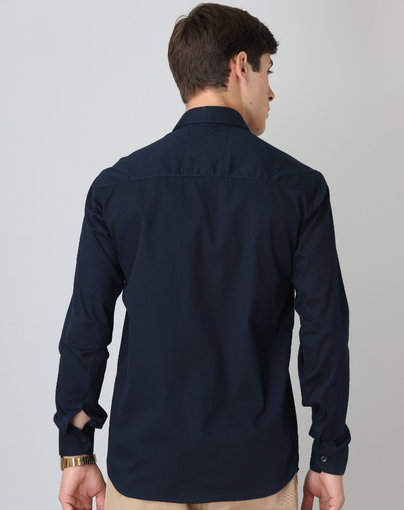 Frankshirt Navy Blue Solid Tailored Fit Cotton Casual Shirt for Man