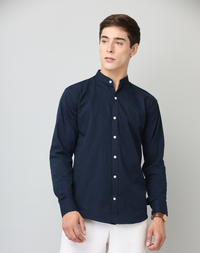 Frankshirt Chinese Collar Navy Blue Solid Tailored Fit Cotton Casual Shirt for Man