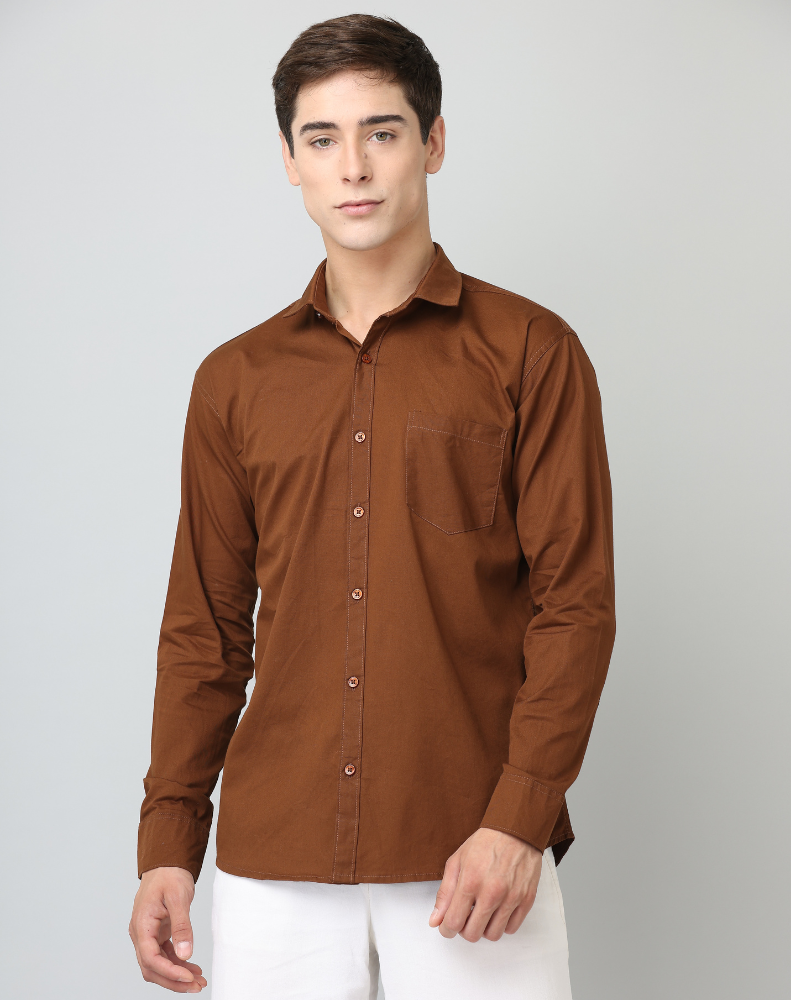 Frankshirt Men Brown Solid Tailored Fit Cotton Casual Shirt