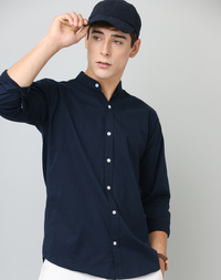 Frankshirt Chinese Collar Navy Blue Solid Tailored Fit Cotton Casual Shirt for Man