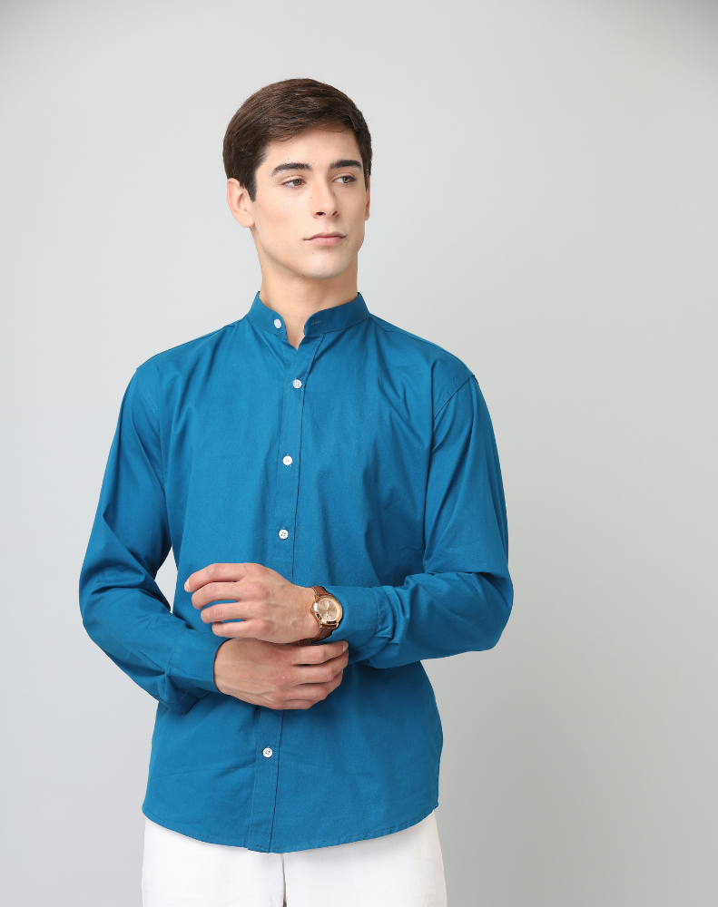 Frankshirt Chinese Collar Peacocke Blue Solid Tailored Fit Cotton Casual Shirt for Man