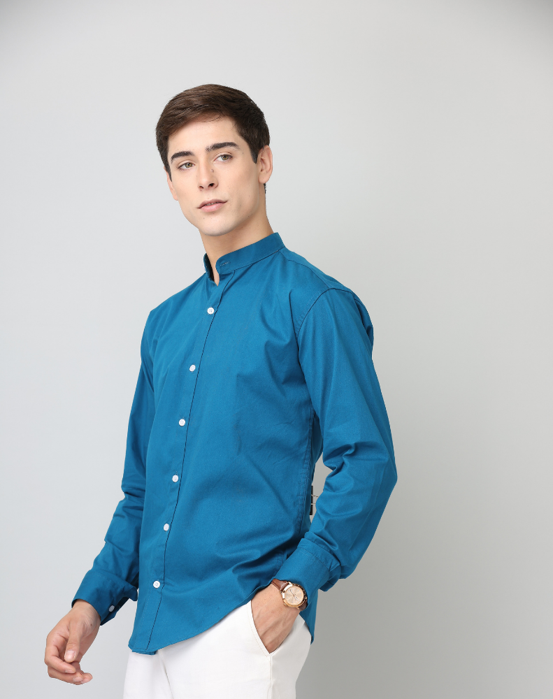 Frankshirt Chinese Collar Peacocke Blue Solid Tailored Fit Cotton Casual Shirt for Man