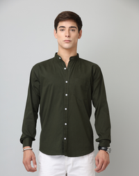 Frankshirt Chinese Collar Bottle Green Tailored Fit Cotton Casual Shirt for Man