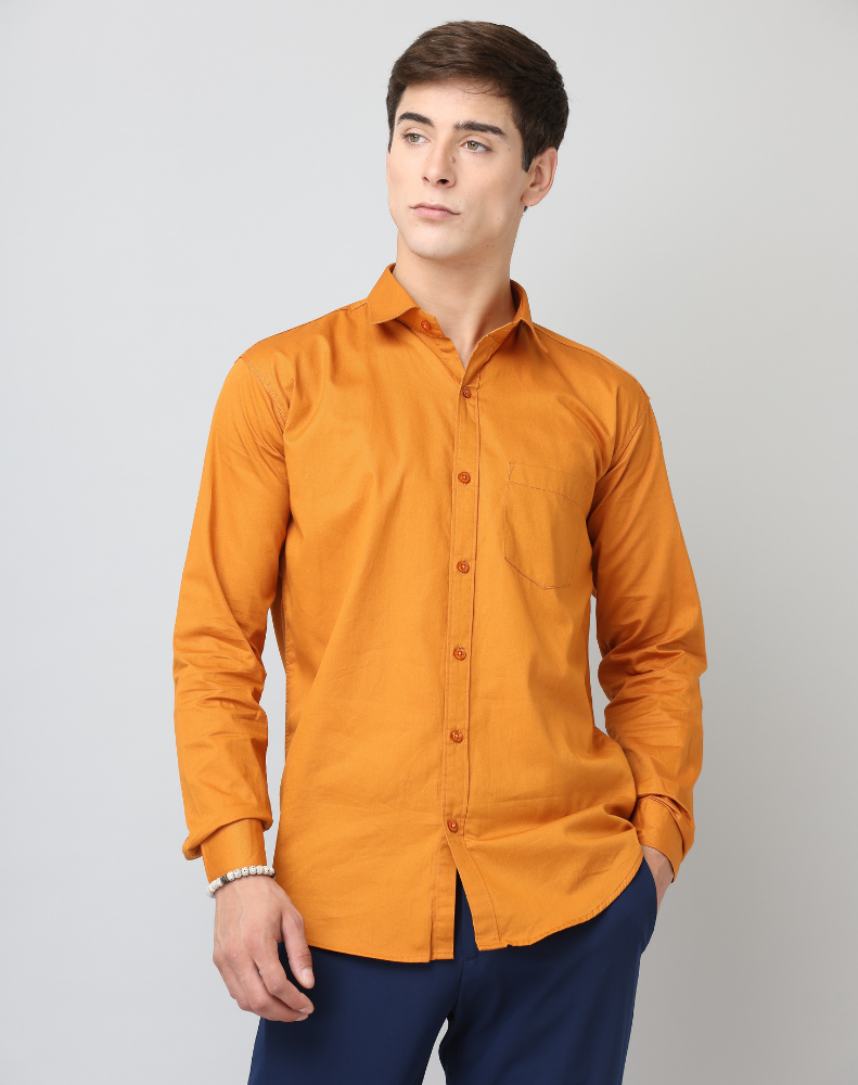 Frankshirt Mustard Solid Tailored Fit Cotton Casual Shirt for Man